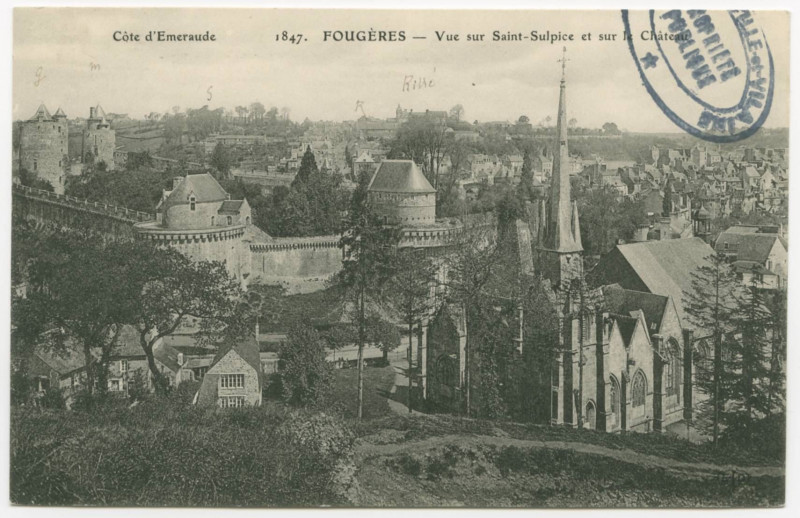 Carte postale ancienne 1847. Fougeres _ Vue sue Saint-Sulpice et sur le Château.