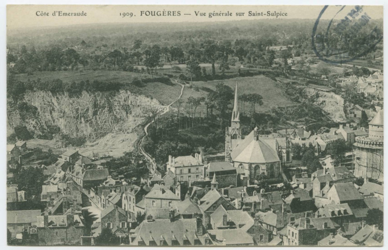 Carte postale ancienne 1909. Fougeres _ Vue Generale sur Saint-Sulpice.