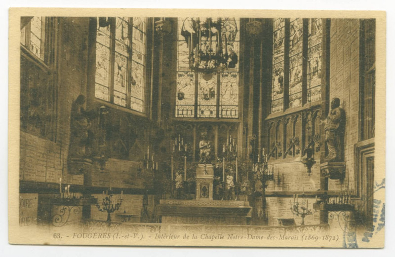 Carte postale ancienne 63. - Fougeres (I.-et-V.). - Intérieur de la Chapelle Notre-Dame-des-Marais (1869-1872).