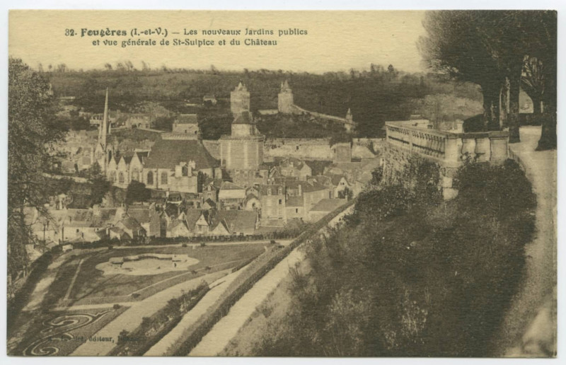 Carte postale ancienne 32  Fougeres (I.-et-V.) Les nouveaux jardins publics et Vue Generale de Saint-Suplice et du château.