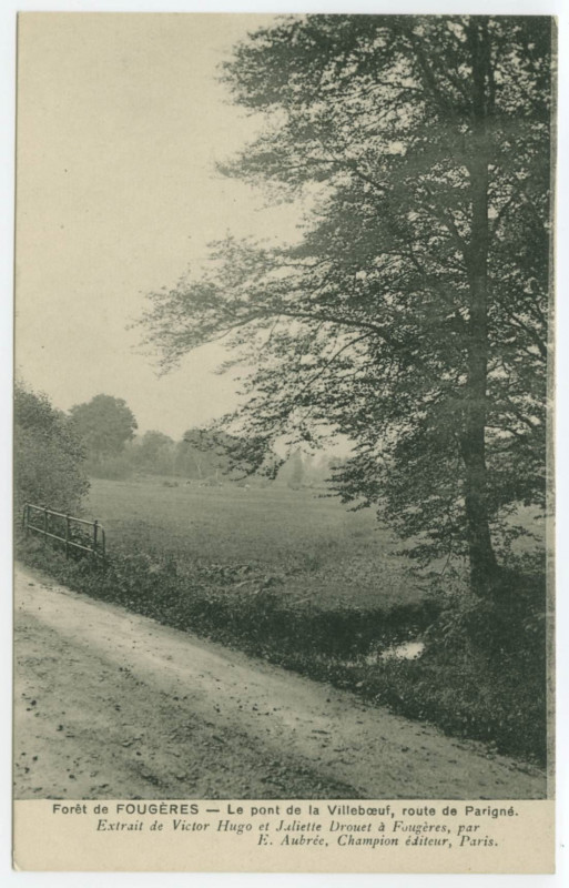 Carte postale ancienne Forêt de Fougeres - Le pont de la Villeboeuf, route de Parigné. Extrait de Victor Hugo et Juliette Drouet à Fougères, par E. Aubrée, Champion éd