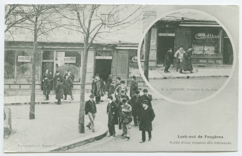 Carte postale ancienne Lock-out de Fougères. Sortie d'une réunion des fabricants.M. G. CORDIER, Président du Syndicat.