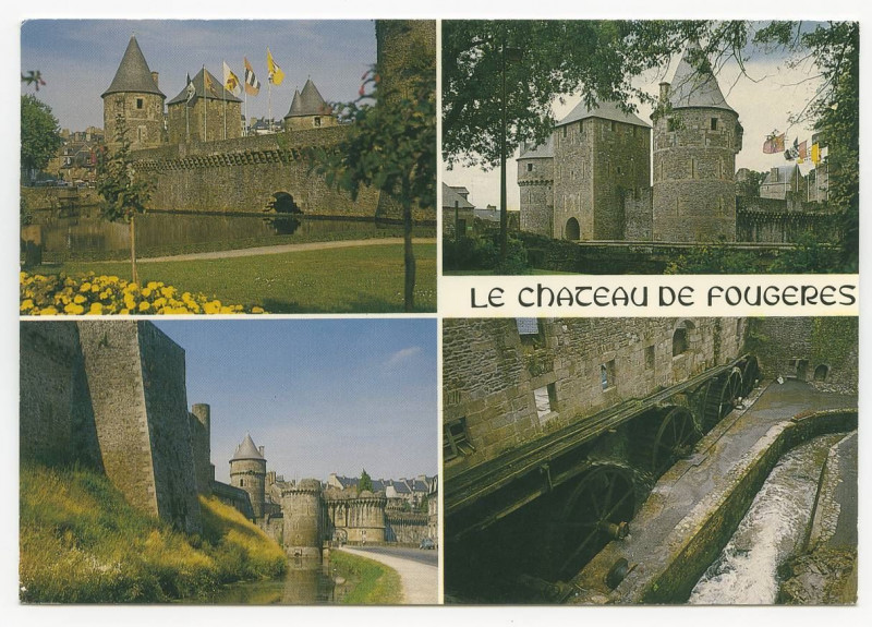 Carte postale ancienne Le Chateau De Fougeres. Le château, la Tour de Guémadeuc, le bastion d'entrée, la tour du Cadran, les roues du moulin.