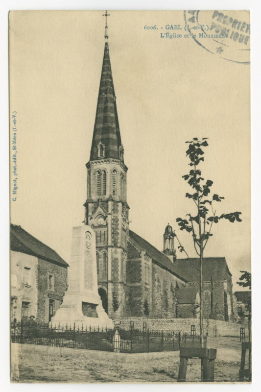 Carte postale ancienne 6006. - Gael (I.-et-V.) L'Eglise et le Monument.