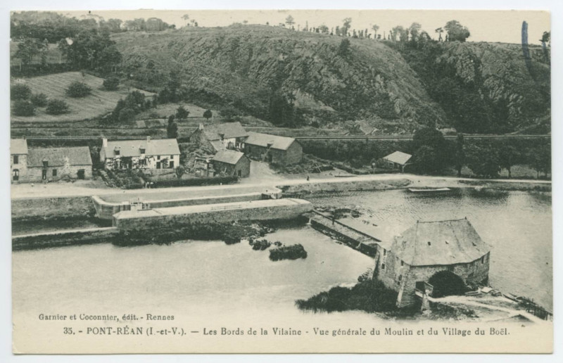 Carte postale ancienne 35. - Pont-Rean (I.-et-V.). - Les Bords de la Vilaine - Vue Generale du Moulin et du Village du Boël.