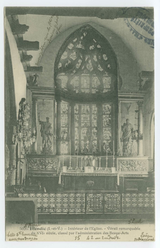 Carte postale ancienne 5026. Iffendic (I.-et-V.) - Intérieur de l'Eglise. - Vitrail remarquable du XVIe siècle, classé par l'administration des Beaux-Arts.