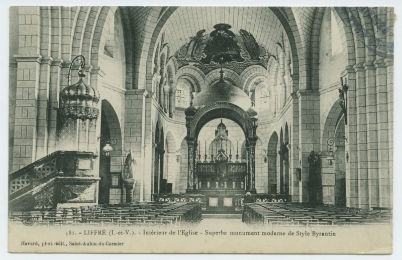 Carte postale ancienne 181. - Liffre (I.-et-V.). - Intérieur de l'Eglise - Superbe monument moderne de Style Byzantin.