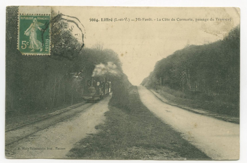 Carte postale ancienne 3664. Liffré (I.-et-V.) _ Mi-Forêt. - La Côte de Cormarie, passage du Tramway.