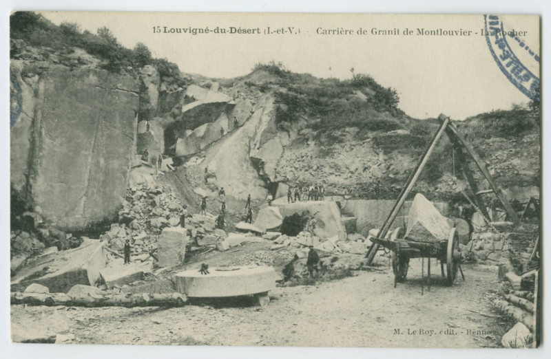 Carte postale ancienne 15 Louvigné-du-Désert (I.-et-V.) - Carrière de Granit de Montlouvier - Le Rocher.