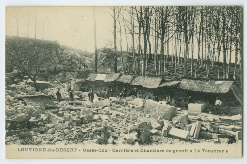 Carte postale ancienne Louvigne-du-Desert - Casse-Cou - Carrière et Chantiers de granit Le Tensorer.
