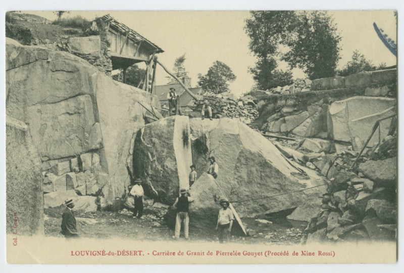 Carte postale ancienne Louvigne-du-Desert. - Carrière de Granit de Pierrelée Gouyet (Procédé de Mine Rossi).