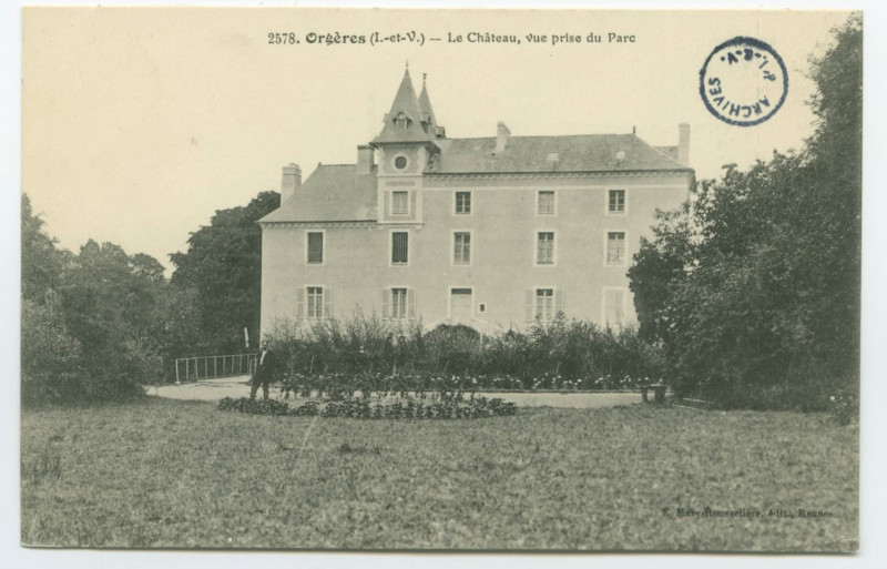 Carte postale ancienne 2578. Orgères (I.-et-V.) - Le Château, vue prise du Parc.