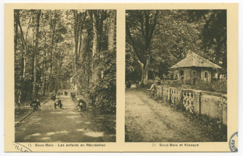 Carte postale ancienne Piré-sur-Seiche (I.-et-V.), Ecole des Missions Coloniales. Deux Vues des Sous-Bois : 1)  Sous-Bois - Les enfants en Récréation.  2) Sous-Bois et Ki