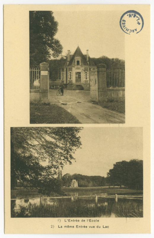 Carte postale ancienne Piré-sur-Seiche (I.-et-V.), Ecole des Missions Coloniales. 1) Entrée de l'ecole.  2) La même Entrée vue du Lac.
