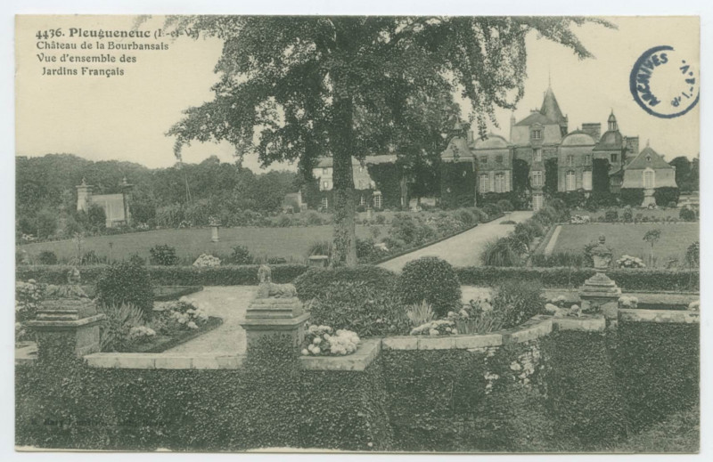 Carte postale ancienne 4436. Pleugueneuc (I.-et-V.). - Château de la Bourbansaye, vue d'ensemble des jardins français.