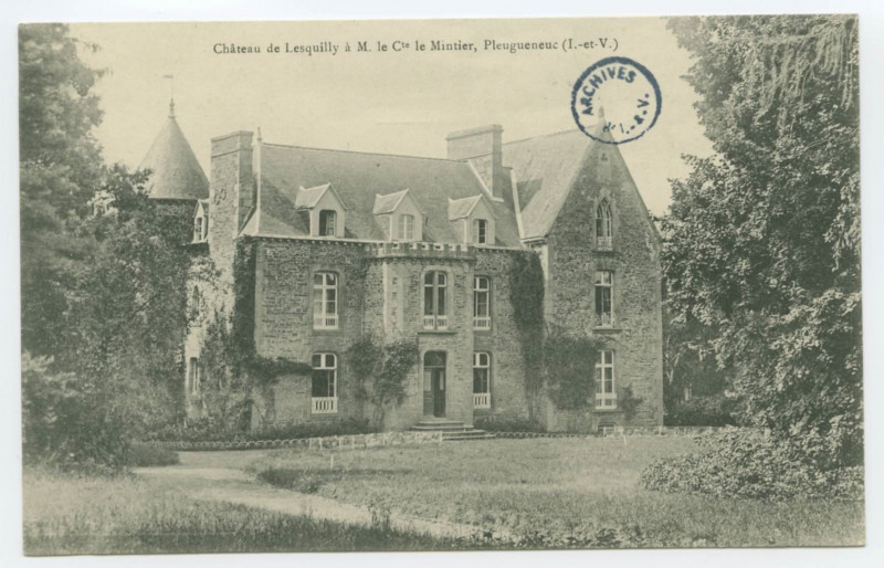 Carte postale ancienne Château de Lesquilly à M. le Cte le Mintier,   Pleugueneuc (I.-et-V.)