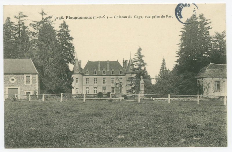 Carte postale ancienne 3148. Pleugueneuc (I.-et-V.) -  Château du Gage, vue prise du parc.