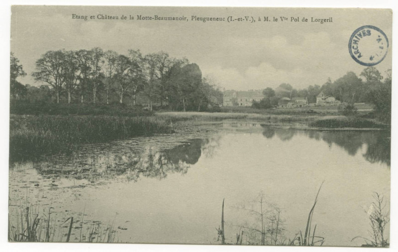 Carte postale ancienne Etang et château de la Motte-Beaumanoir, Pleugueneuc (I.-et-V.), à M. le Vte Pol de Lorgeril