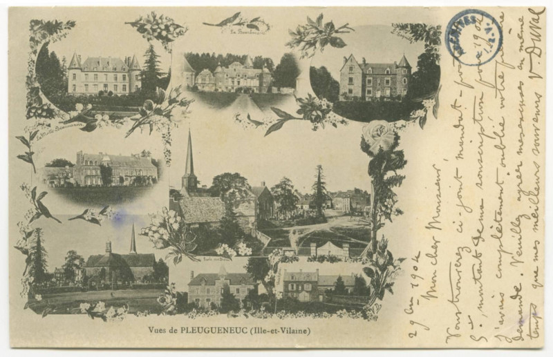 Carte postale ancienne 4421. Pleugueneuc (I.-et-V.) - La Place de l'Eglise et la Mairie.