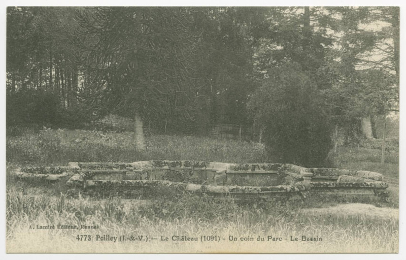 Carte postale ancienne 4773. Poilley (I.-et-V.) - Le château (1091) - Un coin du parc - le bassin.