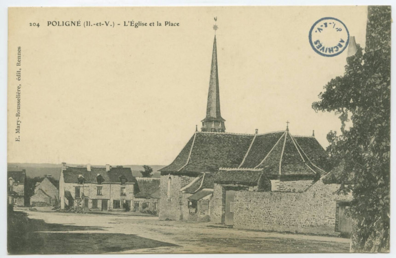 Carte postale ancienne 204. Poligné (I.-et-V.) - L'église et la place.
