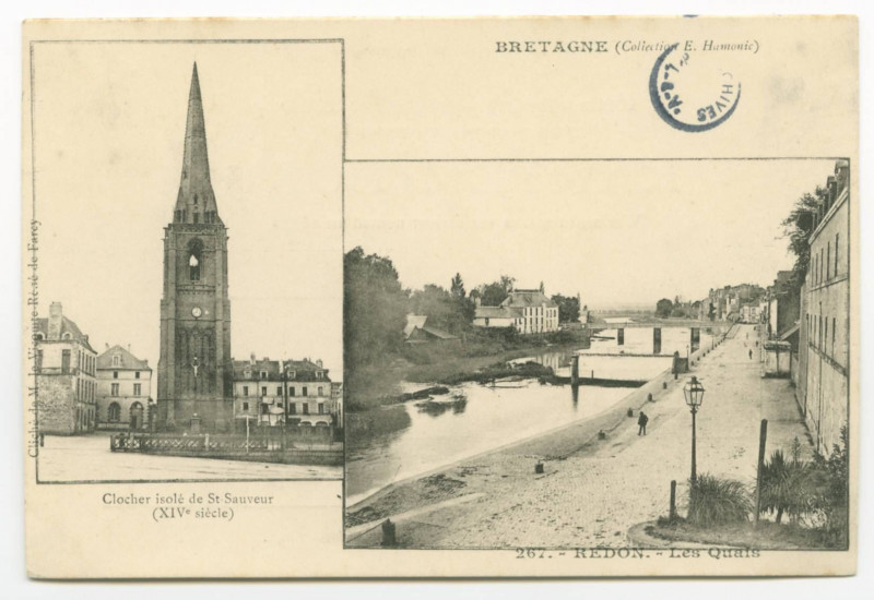 Carte postale ancienne 267. -  Redon.- Les Quais  - Clocher isolé de St Sauveur (XIV°siècle)