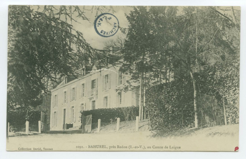 Carte postale ancienne 1091. - Bahurel, près Redon (I.-et-V.), au comte de Laigue.