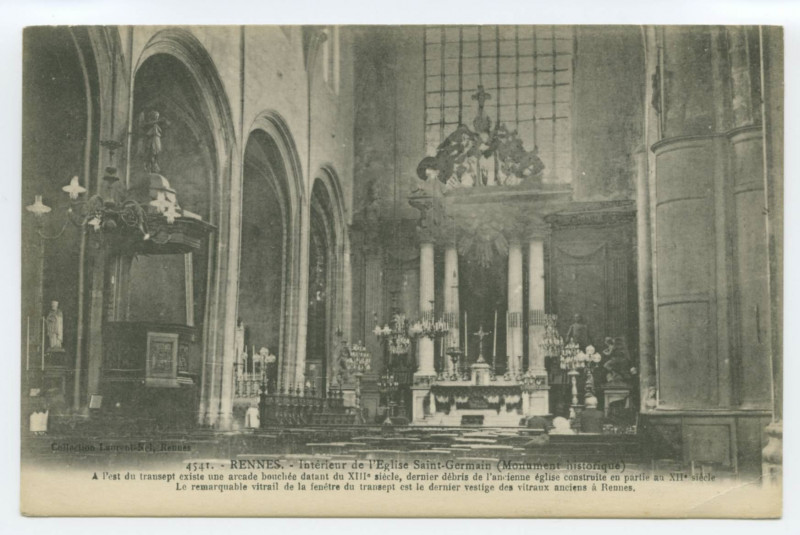 Carte postale ancienne 4541. - Rennes.- Intérieur de l' Eglise Saint-Germain (Monument historique) A l'est du transept existe une arcade bouchée datant du XIII° siècle, 