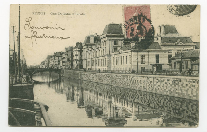 Carte postale ancienne Rennes. - Quai Dujardin et Faculté.
