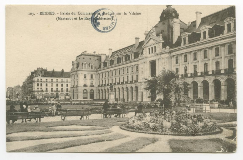 Carte postale ancienne 103. Rennes (I.-et-V.) - Palais du Commerce et Jardins sur la Vilaine. (Martenot et Le Ray: Architectes)