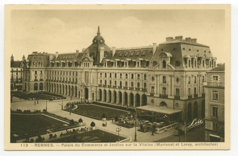 Carte postale ancienne 113. Rennes (I.-et-V.) - Palais du Commerce et Jardins sur la Vilaine. (Martenot et Le Ray: Architectes)