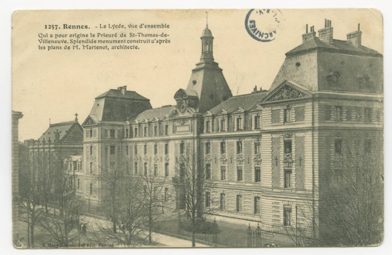 Carte postale ancienne 1257. Rennes. - Le LYCEE, Vue D'Ensemble Qui A Pour Origine Le Prieure De Saint-Thomas-De-Villeneuve. Splendide Monument Conduit D'Apres Les Plans De 
