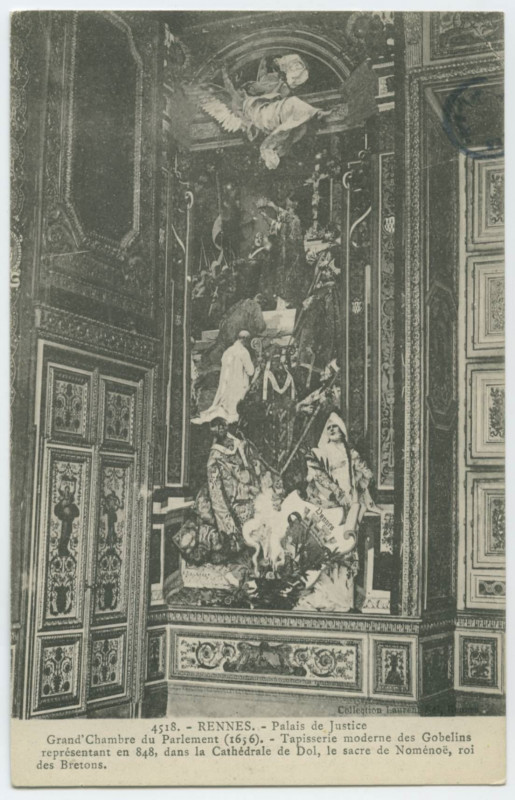 Carte postale ancienne Grand' Chambre du Parlement (1656) - Tapisserie moderne des Gobelins représentant en 848 dans la Cathédrale de Dol, le sacre de Noménoë, roi des B