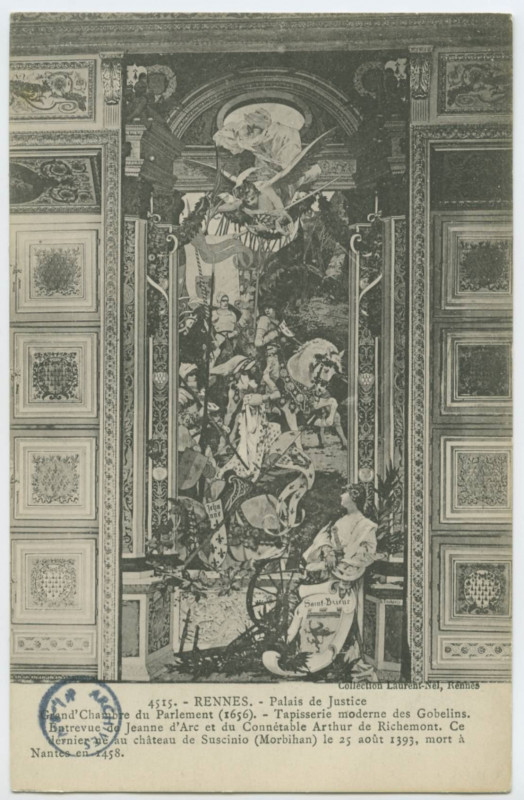 Carte postale ancienne Palais de Justice - Grand' Chambre du Parlement (1656) - Tapisserie moderne des Gobelins. Entrevue de Jeanne d'Arc et du Connétable à Rennes