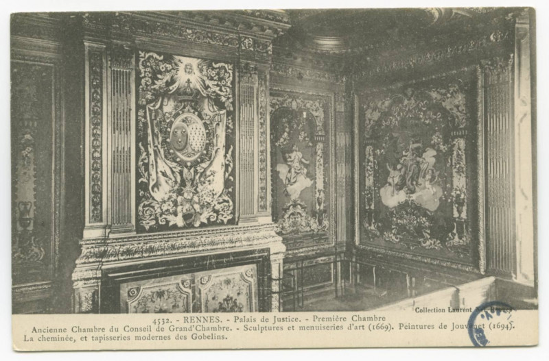 Carte postale ancienne 4532. - Rennes. - Palais de Justice - Première Chambre,Ancienne Chambre du Conseil de Grand'Chambre. - Sculptures et menuiseries d'art (1669). Peintu