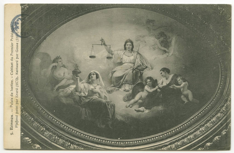 Carte postale ancienne 5. - Rennes. - Palais de Justice. - Cabinet du Premier Président. Plafond peint par Erard (1670). Restauré par Gosse (1888)