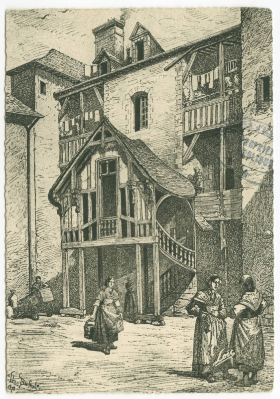 Carte postale ancienne 13 - Le Vieux Rennes - Escalier de la Grande Maison des Carmes, Rue Vasselot (par Busnel).(Les Carmes s'installèrent à Rennes en 1450)