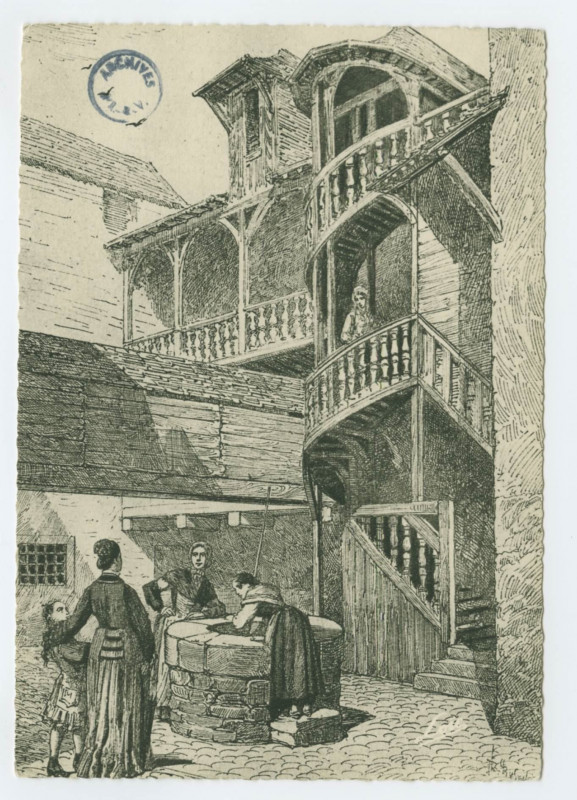Carte postale ancienne 9. - Le vieux Rennes - Rue du chapître - Escalier dans la cour du N° 5. (d'après Busnel.)