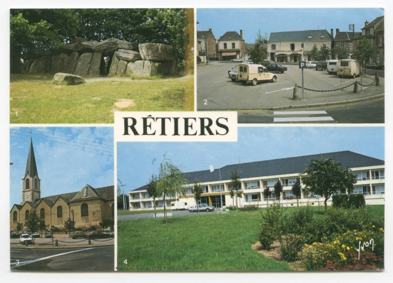 Carte postale ancienne Retiers 35240 - Retiers (Ille-et-Vilaine). - 1-La Roche aux fée. 2- La place. 3 -L'église. 4- Foyer des personnes âgées