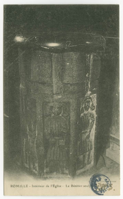 Carte postale ancienne Romille  - Intérieur de l'Eglise - Le Bénitier sculpté (XVI°S.)