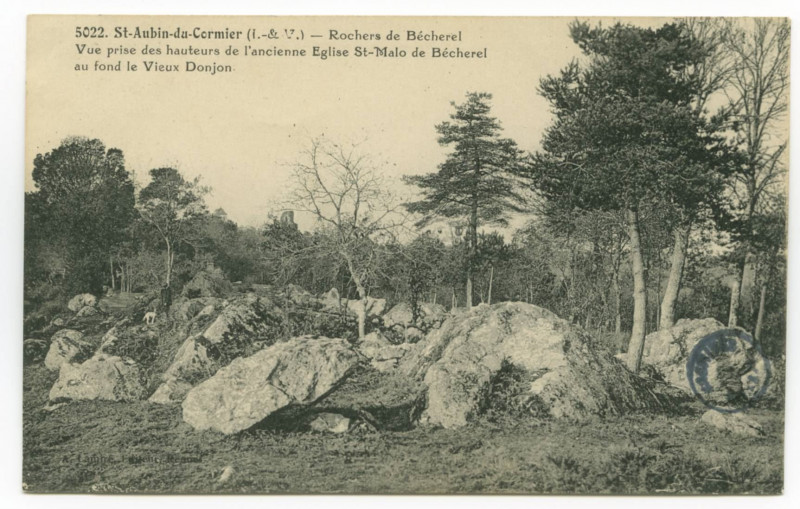 Carte postale ancienne 5022.-  St-Aubin-du-Cormier (I.-et-V.).- Rochers de Bécherel - Vue prise des hauteurs de l'ancienne Eglise St-Malo de Bécherel. Au fond, le Vieux Do