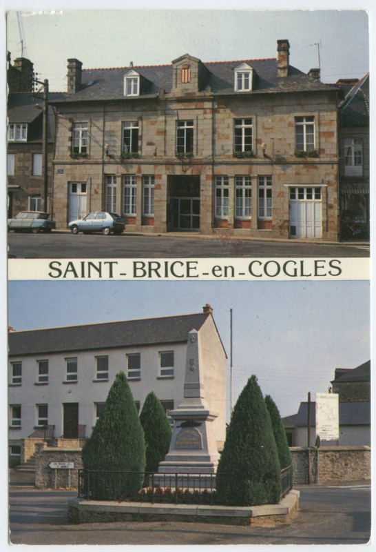 Carte postale ancienne 2 - Saint-Brice-En-Cogles (Ille-et-Vilaine) La Mairie - Le Monument aux Morts