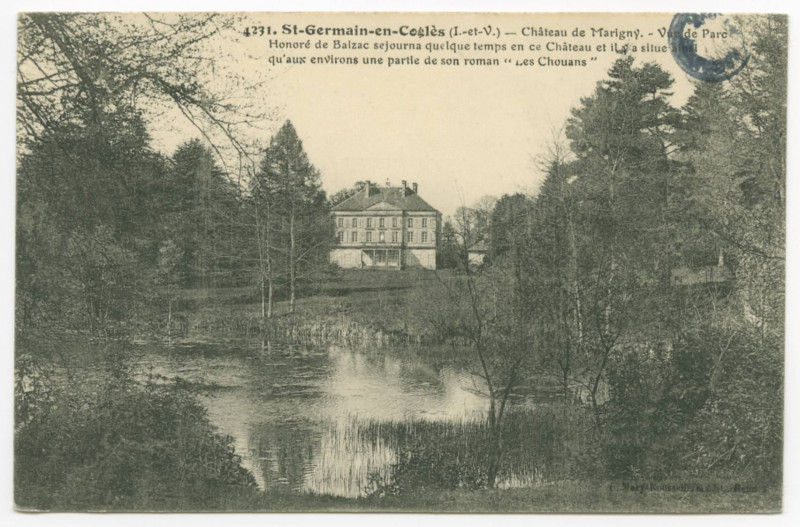Carte postale ancienne 4231. Saint-Germain-En-Cogles (I.-et-V.) - Château de Marigny. - Vue de Parc. Honoré de Balzac séjourna quelque temps en ce Château et il y a situ