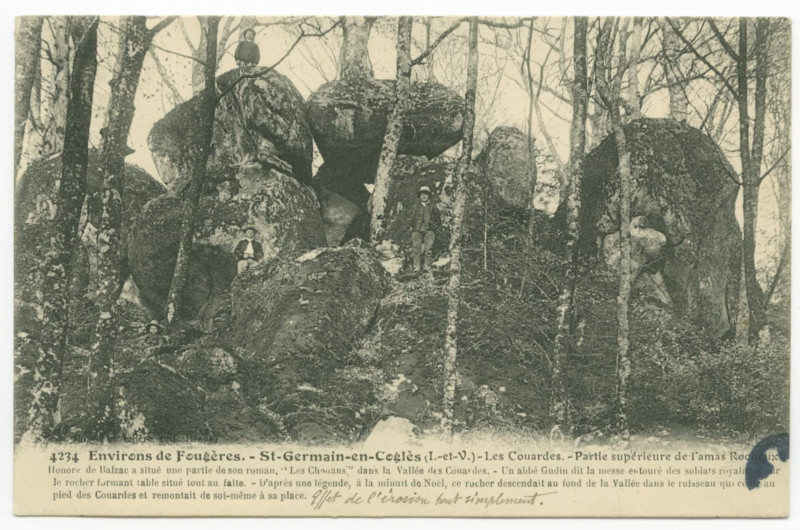 Carte postale ancienne 4236. Environs de Fougères. -  Saint-Germain-En-Cogles (I.-et-V.) Les Couardes - Partie supérieure  de l'amas Rocheux. Honoré de Balzac a situé un