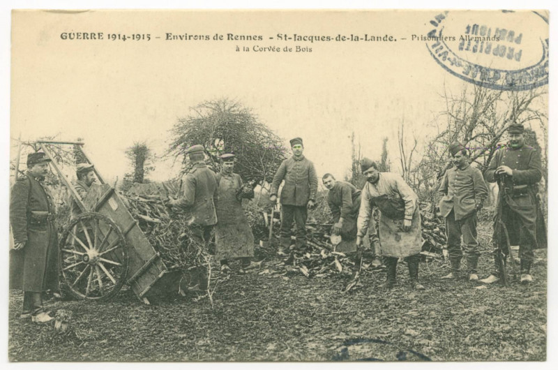 Carte postale ancienne Guerre 1914-1915. Environs de Rennes. St-Jacques-de-la-Lande:  Prisonniers Allemands à la Corvée de Bois