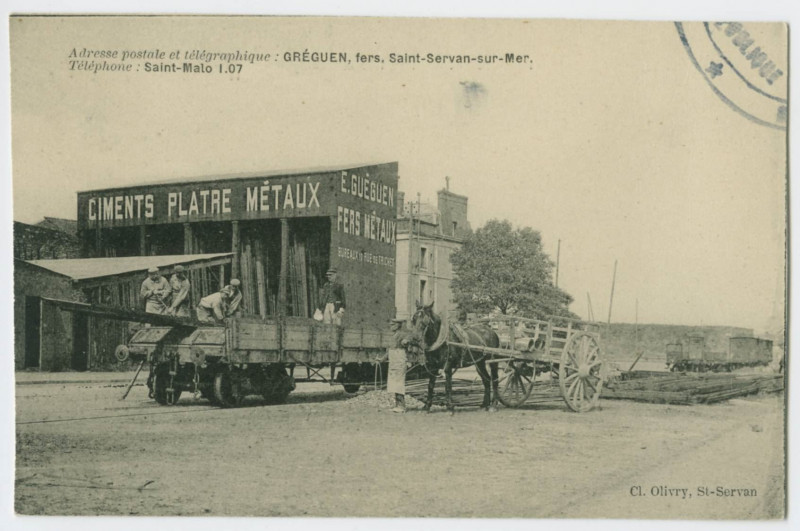 Carte postale ancienne Adresse postale et télégraphique : Gréguen, fers, Saint-Servan-sur-Mer. Téléphone : Saint-Malo 1.07