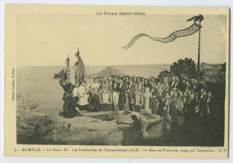 Carte postale ancienne Le Vieux Saint-Malo Historique 9. - St-Malo.- Le Gran Bé - Les Funérailles de Chateaubriand (1848) - La Mise au Tombeau, peint par Doutreleau - G.M.