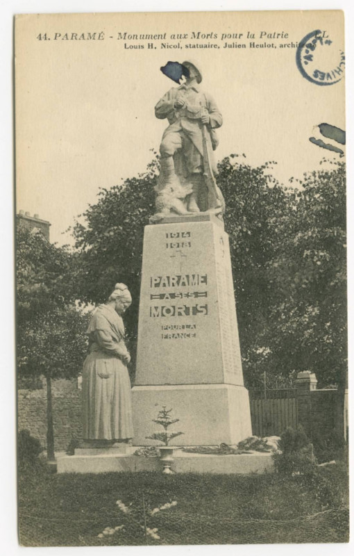 Carte postale ancienne 44 Parame - Monument aux morts pour la patrie. Louis, Nicol, statuaire, Julien Heulot, architecte.