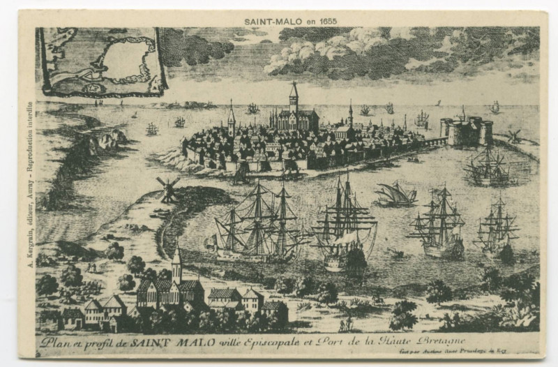 Carte postale ancienne Saint-Malo en 1655. Plan et profil de Saint-Malo.