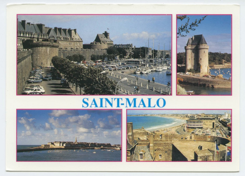 Carte postale ancienne Saint-Malo Cité corsaire - De gauche à droite et de bas en haut : Les remparts, le château, le bassin des yachts, la tour solidor à Saint-Servan, 